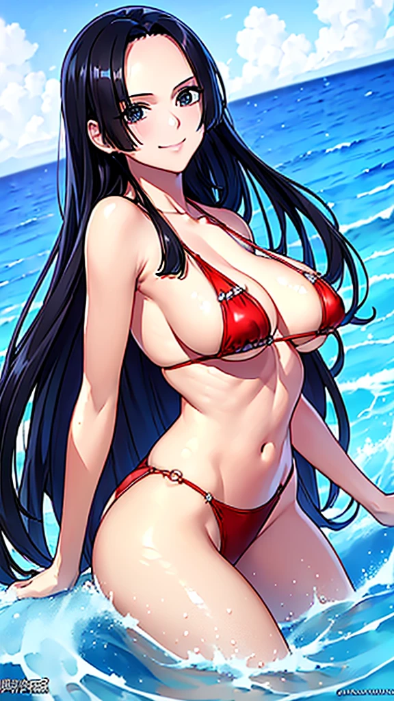 (8K、RAW Photos、highest quality、masterpiece:1.2)、(Realistic、Realistic)、1 girl、Tabletop,,Awards - Winning Photos, Very detailed, Keep your eyes clearly focused, Boa Hancock ((one piece))，long, flowing black hair，Ocean Background, 1 Girl, Smiling at the audience ，Ultra-realistic, Micro Bikini、Dynamic pose、