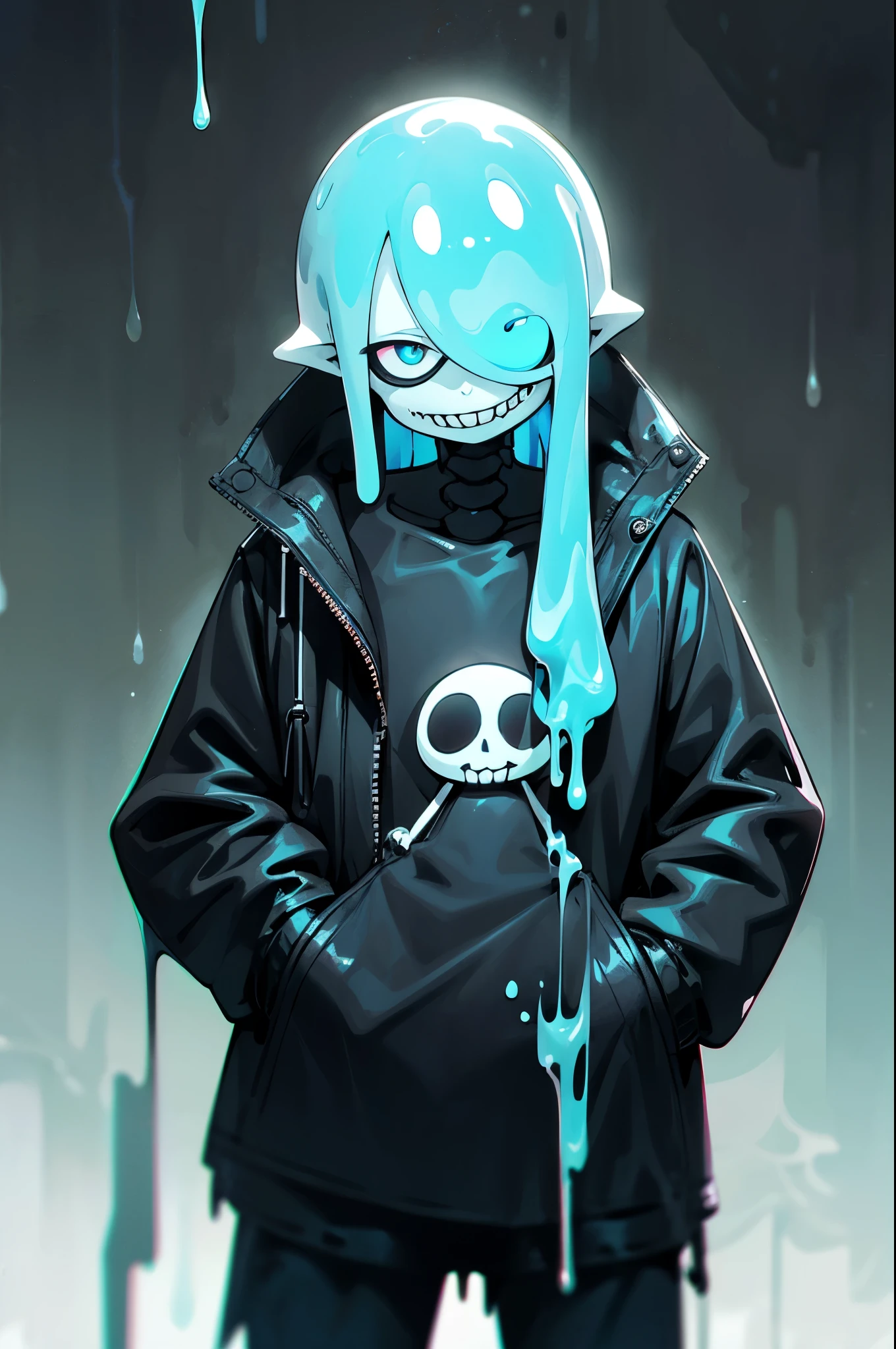 black skeleton, goopy skeleton, nightmare!sans, cyan eye, smiling, hands in pockets, black goopy jacket, black goopy shirt, black goopy shorts, tentacles, goopy covered eye, cyan outline