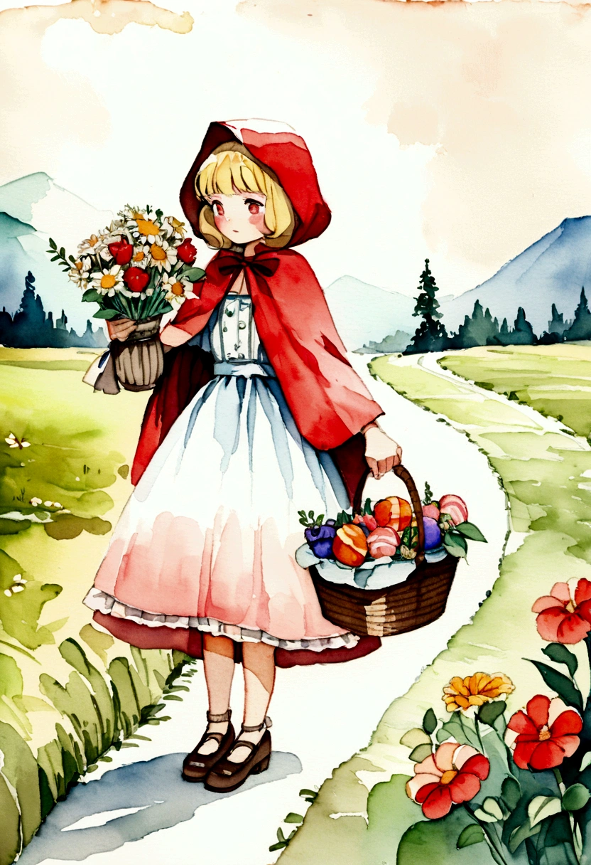 vintage watercolor drawing, little red riding hood blonde, holding a basket of flowers and sweets, on the road we have flowers