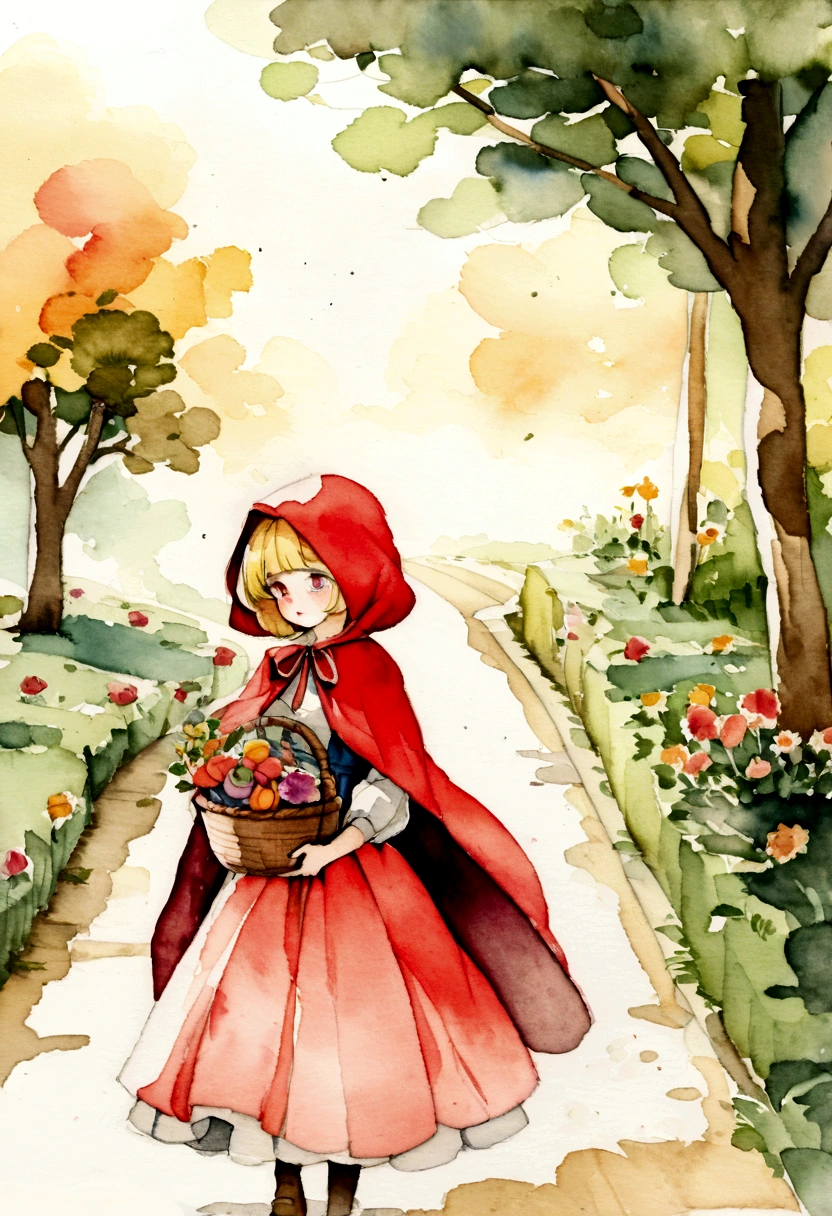 vintage watercolor drawing, little red riding hood blonde, holding a basket of flowers and sweets, on the road we have flowers