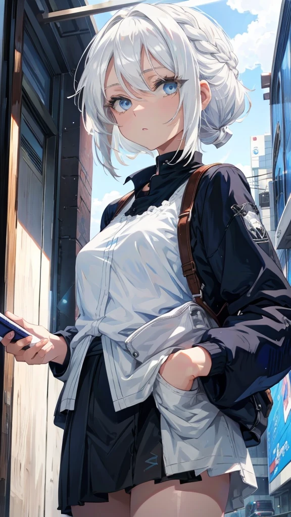 Anime girl with white hair and blue eyes holding a mobile phone, from Girls&#39; Frontline, Girls&#39; Frontline style, Girls&#39; Frontline cg, Fine details. Girls&#39; Frontline, Kantai Collection Style, Girls&#39; Frontline universe, Girls&#39; Frontline, Inspired by Ren Mei, m4 sopmod ii Girls&#39; Frontline, From Arknights, Villain Anime Girl, Cyberpunk anime girl in a hoodie, Nightcore
