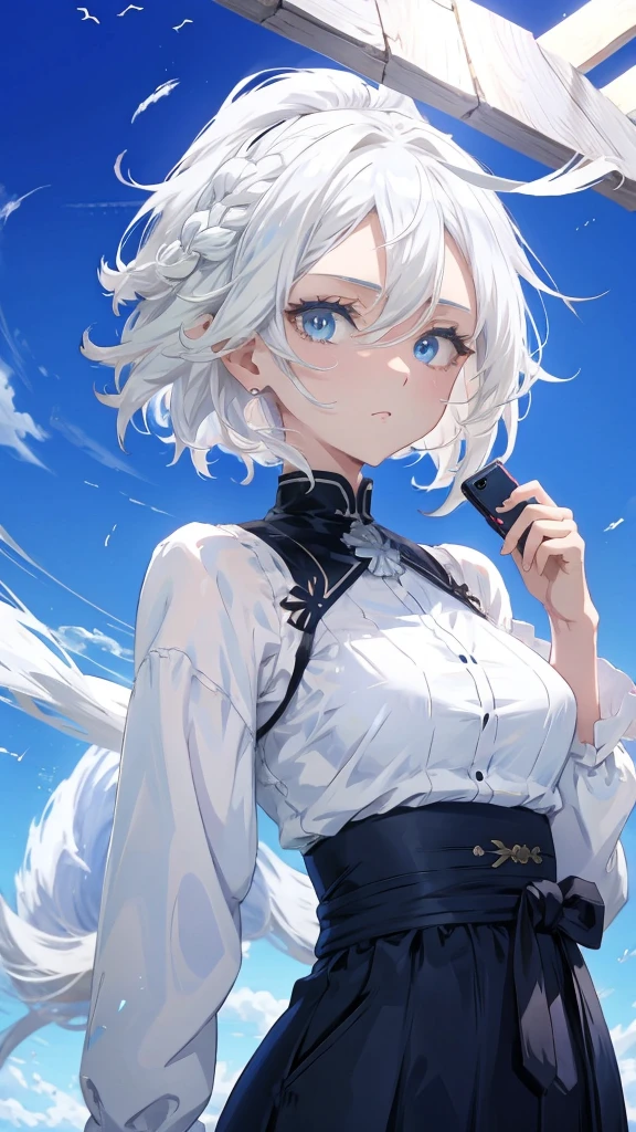 Anime girl with white hair and blue eyes holding a mobile phone, from Girls' Frontline, Girls' Frontline style, Girls' Frontline cg, Fine details. Girls' Frontline, Kantai Collection Style, Girls' Frontline universe, Girls' Frontline, Inspired by Ren Mei, m4 sopmod ii Girls' Frontline, From Arknights, Villain Anime Girl, Cyberpunk anime girl in a hoodie, Nightcore