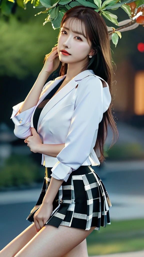 best quality, masterpiece, 1girl, Beautiful face, (photo realistic:1.3), rim lighting, (high detailed skin:1.2), 8k uhd, dslr, high quality, high resolution, 4k, 8k, Bokeh,  absurdres, best ratio four finger and one thumb, (realistic:1.3), cute 1girl, wearing black formal blazer, huge breasts, short skirt,