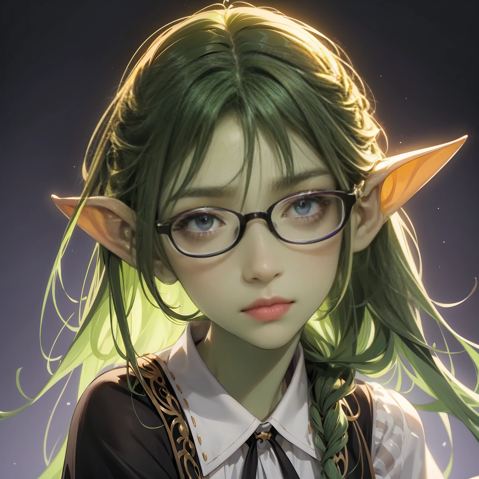 intricate details, tonemapping, sharp focus, hyper detailed, trending on Artstation, Masterpiece, absurdrez, amazing detail, 4k, perfect face, symmetrical, small ears, beauty headshot of a 3 foot tall green goblin girl, wearing white blouse, very shy, (((black glasses))), (green skin), short dark green hair, purple eyes, detailed eyes, focus on eyes, simple background, posing
