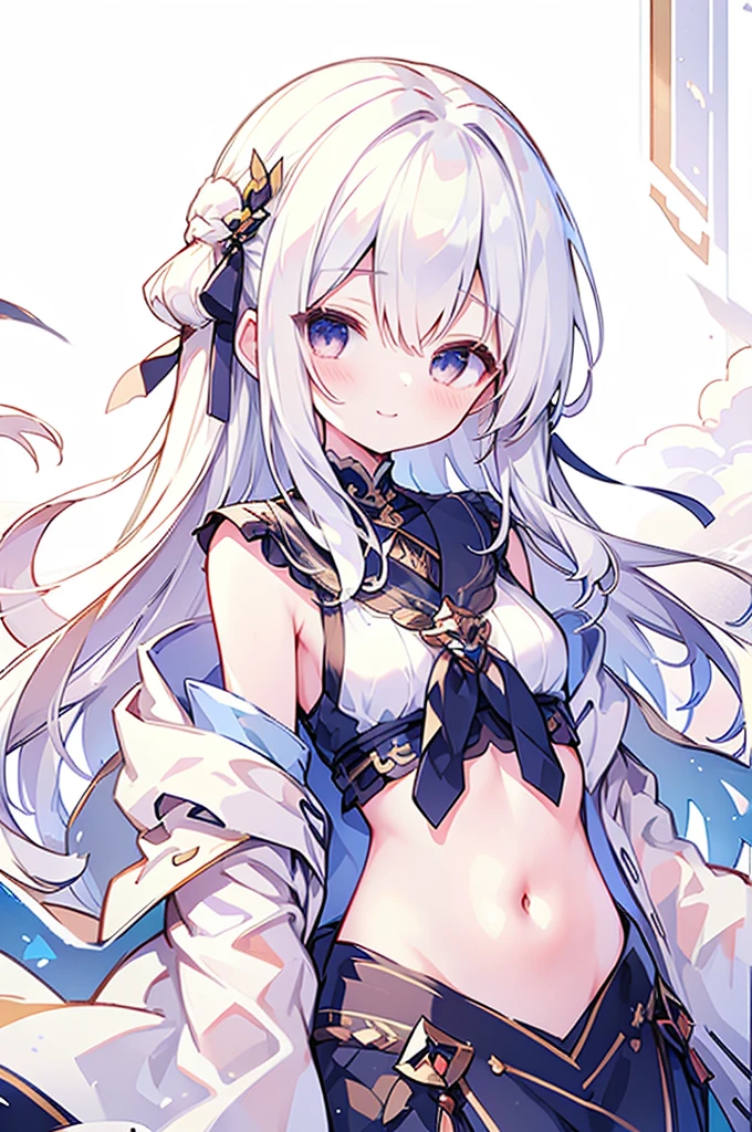 masterpiece, Highest quality, One girl, whitish eyes,center parted hair、forehead,sholder length hair、medium hair、white hair、T-Shirts,(crop top navel:0.8)、gentle smile、Very sexy、upper body,from front,Calm feeling illustration
