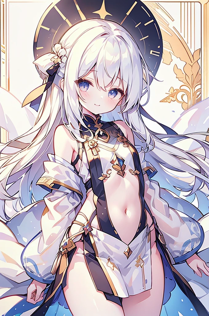 masterpiece, Highest quality, One girl, whitish eyes,center parted hair、forehead,sholder length hair、medium hair、white hair、T-Shirts,(crop top navel:0.8)、gentle smile、Very sexy、upper body,from front,Calm feeling illustration