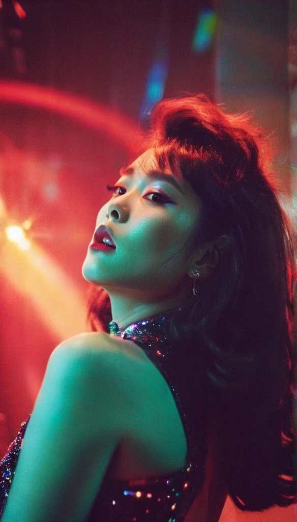 Three quarter profile view, fashion photoshoot, shot by Ellen Von Unwerth, lomography, starburst filter, grainy film, torso shot of a stunning Korean woman with a hungry expression with fabulous makeup, gliterring mini dress, light leaks, colorful lights, psychedelic, a hologram, holography, monotones, blown out, high quality, 4k, 8k, masterpiece, two tone cinematic lighting