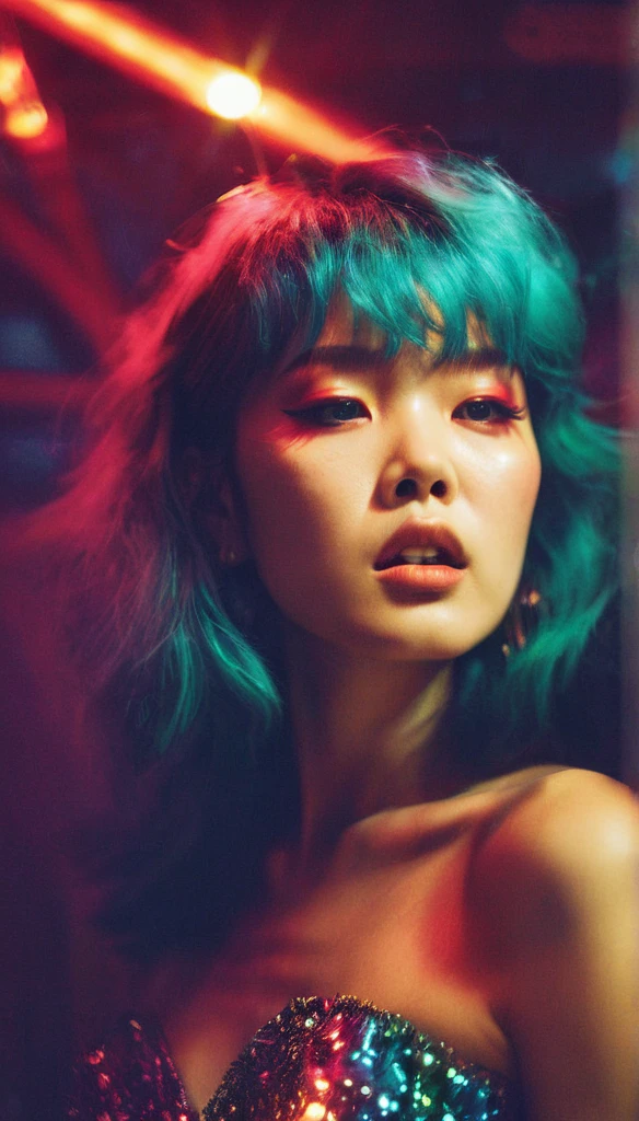 Three quarter profile view, fashion photoshoot, shot by Ellen Von Unwerth, lomography, starburst filter, grainy film, torso shot of a stunning Korean woman with a hungry expression with fabulous makeup, gliterring mini dress, light leaks, colorful lights, psychedelic, a hologram, holography, monotones, blown out, high quality, 4k, 8k, masterpiece, two tone cinematic lighting