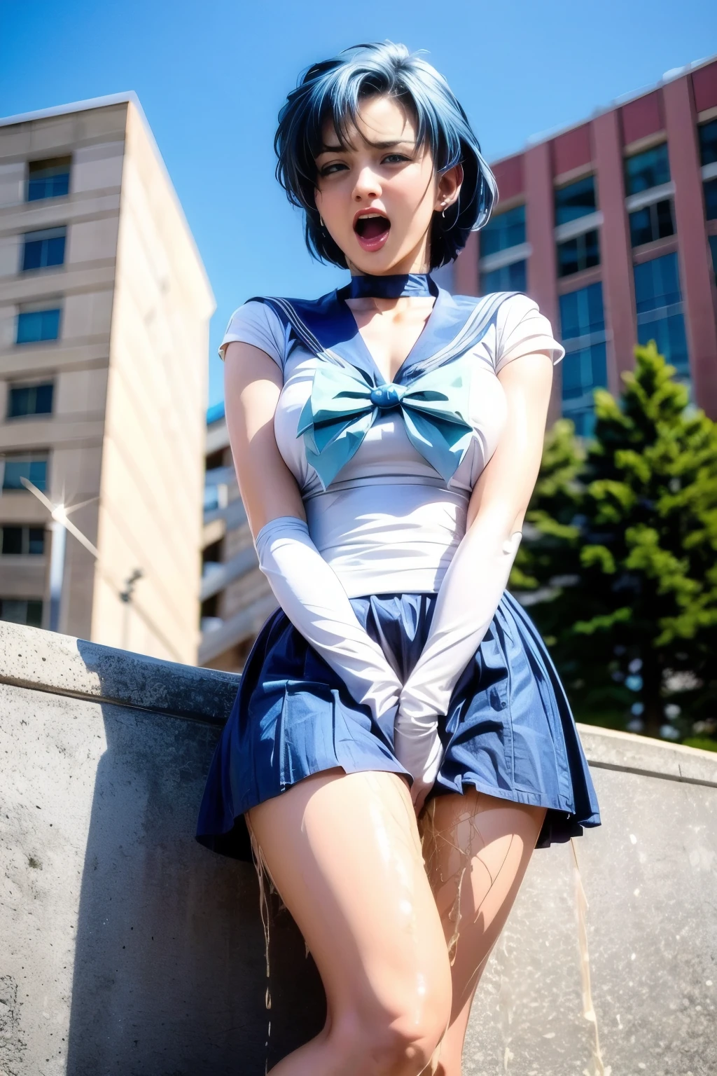 (realistic, photo-realistic:1.4), (best quality,masterpiece:1.2), RAW photo, high resolution, intricate details, extremely detailed, realistic and sharp details, cinematic lighting, (full body), (frontal photography, view from below:1.3), solo, 1girl, sailor mercury, mer1, AmiMizuno, a Japanese female idol wearing a sailor senshi uniform, smuniform, jewelry, circlet, star shape earrings, blue sailor collar, blue choker, neck ribbon, (white elbow gloves:1.2), blue skirt, blue knee boots, (short hair, blue hair:1.5), detailed face, detailed eyes, pale skin, fine-textured skin, (perfect anatomy, prefect hands), (spread legs apart, leaning forward, hands between legs, thighs:1.2), (peeing self, pee puddle:1.5), (blush, ashamed, humiliation, desperation, open mouth:1.2), photo background, outdoors, downtown, holiday, daytime, sunny, (crowd in background),,