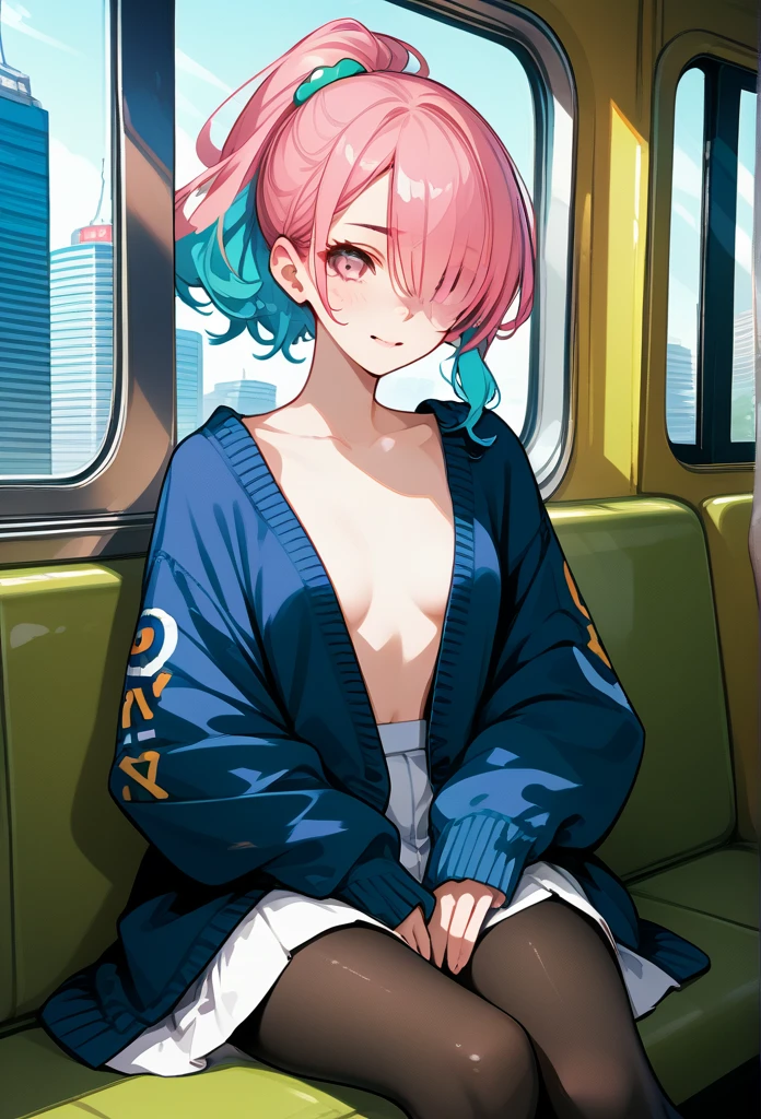 mature woman, mature face, pink eyes, shy expression, shy face, nervous smile, glossy lips, ponytail hair, (blue hair color, pink gradient hair color, azure color hair), bangs covering left eye, left blinding bangs hairstyle, mature body, small breasts, dark blue cardigan, short skirt, navy color skirt, pantyhose, sitting in train, bullet train, tokyo through windows, window seat