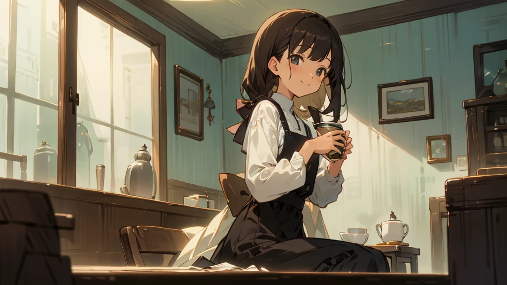 Stylish cafe、Anime Style、Freshly Brewed Coffee、Delicious looking baked goods、Relaxed atmosphere、Cozy atmosphere、Beautiful girl with dark hair sitting and drinking coffee、Wearing a dress、smile、Warm Light、avert your eyes、Ghibli style