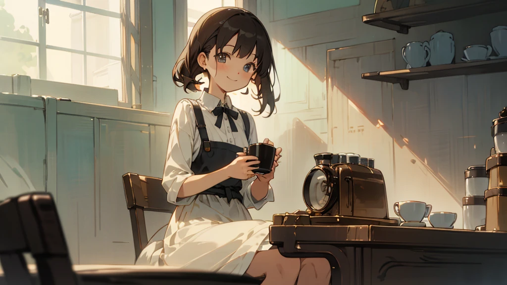 Stylish cafe、Anime Style、Freshly Brewed Coffee、Delicious looking baked goods、Relaxed atmosphere、Cozy atmosphere、Beautiful girl with dark hair sitting and drinking coffee、Wearing a dress、smile、Warm Light、avert your eyes、Ghibli style