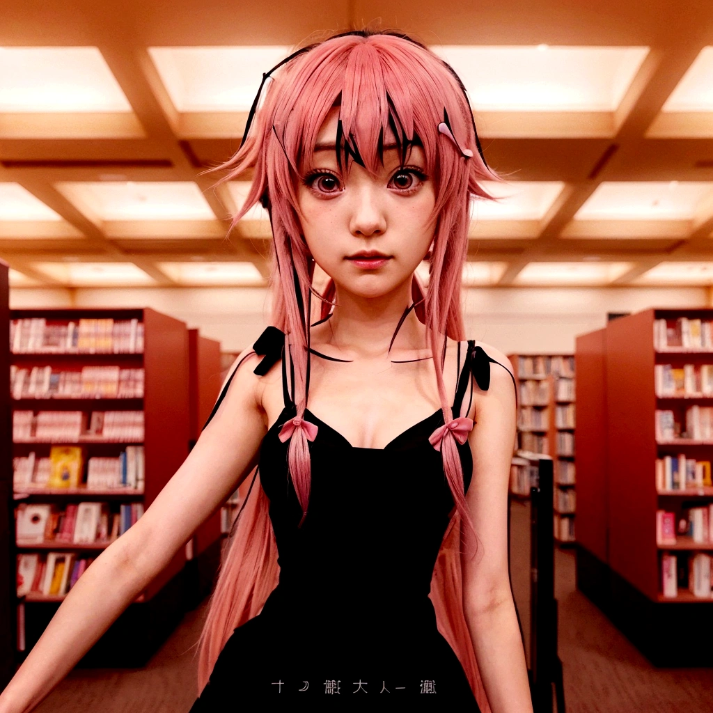 anime girl with pink hair and black dress in library, mirai nikki, in an anime style, as an anime character, in anime style, gasai yuno, an anime girl, anime moe artstyle, anime style like mirai nikki, inspired by gasai yuno, anime girl wearing a black dress, anime character, yandere. tall, anime girl named gasai yuno