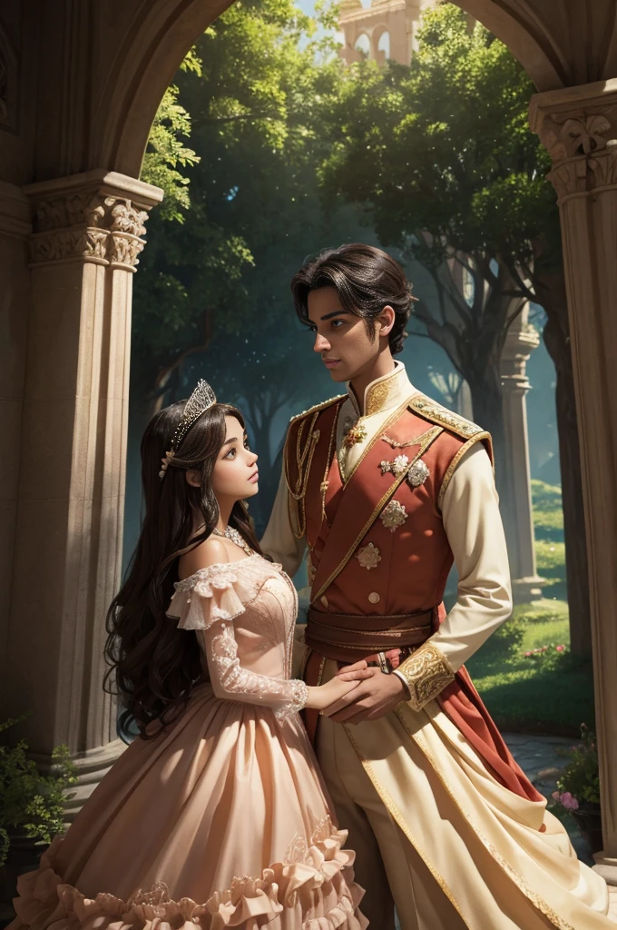 full body, fantasy illustration of a tanned Latina princess with brown eyes, princess in peach dress, princess wearing peach colored, princess has brown eyes, prince has hazel-green eyes, prince with hazel-green eyes, princess with black hair, black-haired princess, prince wearing red, prince with light brown hair, ethereal, detailed background, highres, romantic, realism, love, intricate details, magical atmosphere, kissing, romantic couple, fantasy, elegant, royal