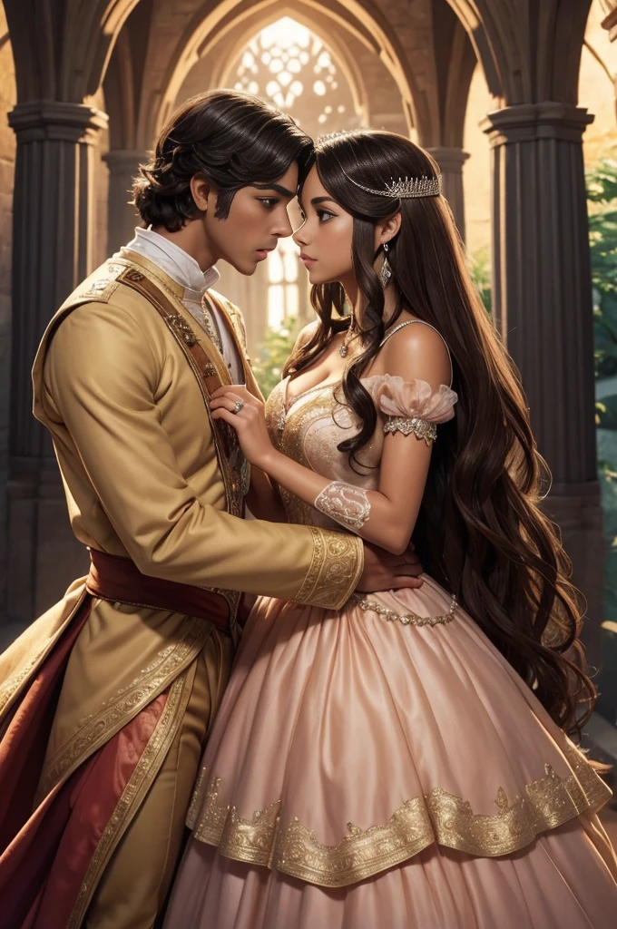 full body, fantasy illustration of a tanned Latina princess with brown eyes, princess in peach dress, princess wearing peach colored, princess has brown eyes, prince has hazel-green eyes, prince with hazel-green eyes, princess with black hair, black-haired princess, prince wearing red, prince with light brown hair, ethereal, detailed background, highres, romantic, realism, love, intricate details, magical atmosphere, kissing, romantic couple, fantasy, elegant, royal