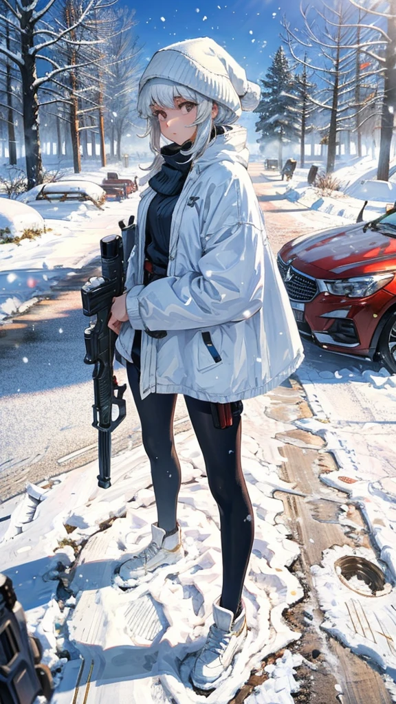 Woman with gun in hand standing in snow, from Girls' Frontline, Girls' Frontline style, from Arknights, Fine details. Girls' Frontline, Gray-haired, Girls' Frontline cg, Girls' Frontline universe, A profound winter aesthetic, Gray-haired, Girls' Frontline, perfect Gray-haired girl, Gray-haired deity, Arknights, Kantai Collection Style