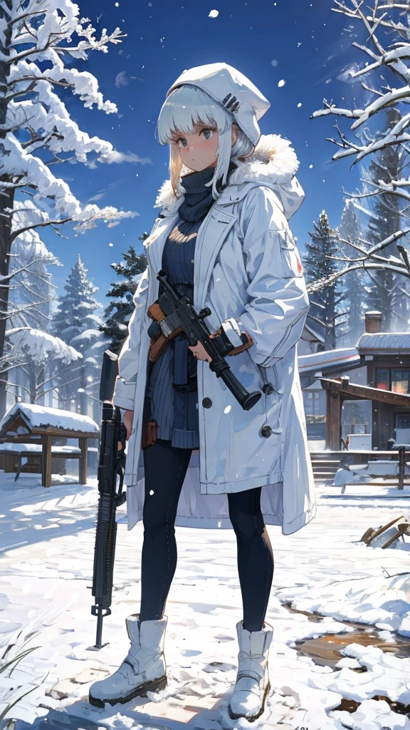 Woman with gun in hand standing in snow, from Girls' Frontline, Girls' Frontline style, from Arknights, Fine details. Girls' Frontline, Gray-haired, Girls' Frontline cg, Girls' Frontline universe, A profound winter aesthetic, Gray-haired, Girls' Frontline, perfect Gray-haired girl, Gray-haired deity, Arknights, Kantai Collection Style