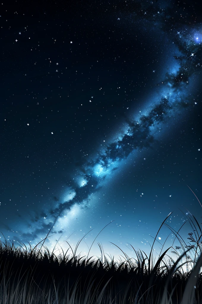 starfall sky, grass, beautiful night sky, wallpaper, masterpiece, 4k, black and white, manga, wind through grass