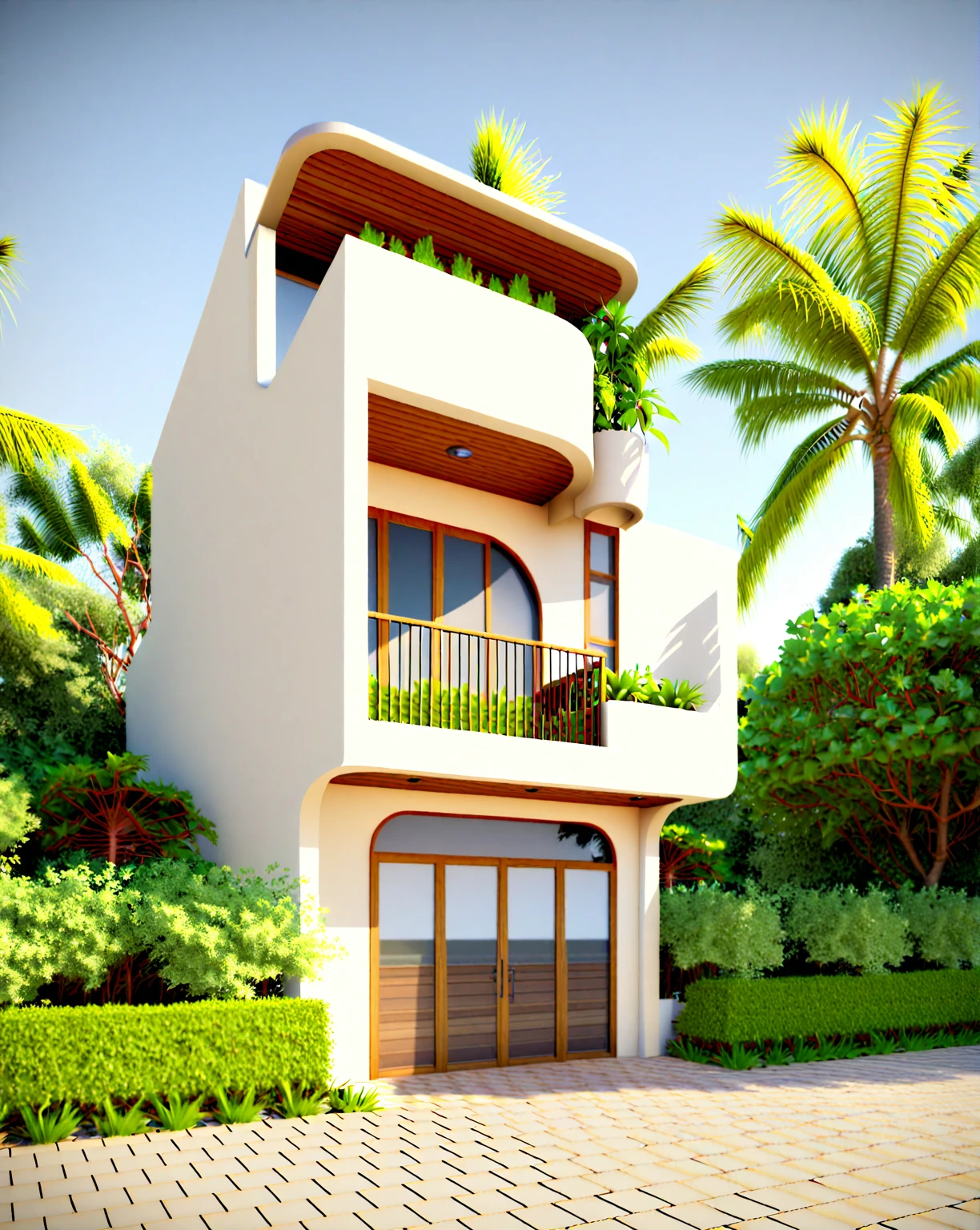 a rendering of a modern house with a balcony and balcony, detailed rendering, all white render, inter dimensional villa, high quality rendering, fully detailed render, pre-rendered, exterior design, architectural rendering, mid-view, highly detailed render, highly rendered!!, frontview, 3 d rendering, 3d rendering, precise architectural rendering