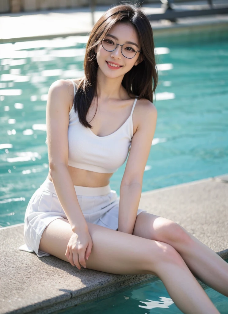 Beautiful woman with perfect figure:1.4，Swimming background，Desert Background，Ultra-high resolution，Seductive laughter，wear glasses，White legs，（lifelike：1.4），Layered Hairstyle，White skin，Super short pleated skirt，whole body，Very delicate face and skin texture，Double eyelids，Skin Whitening，Long hair，White hair，White，