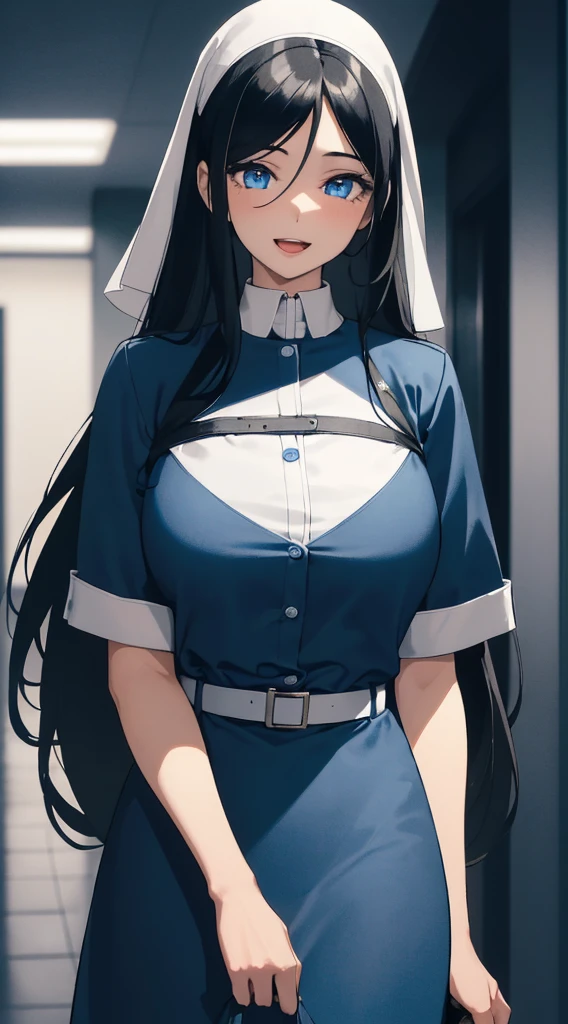 (masterpiece), (best quality), (ultra-detailed), ((girl, 29 years old)), an extremely delicate and beautiful, detailed eyes, minute details, (black hair, long hair, straight hair, hair between eyes), ((big breasts)), smile, open mouth, ((beautiful eyes)), (blue eyes), (upper body), she is wearing a blue dress, (detailed clothes), (detailed background, in a hospital, hospital hallway), (monochrome)