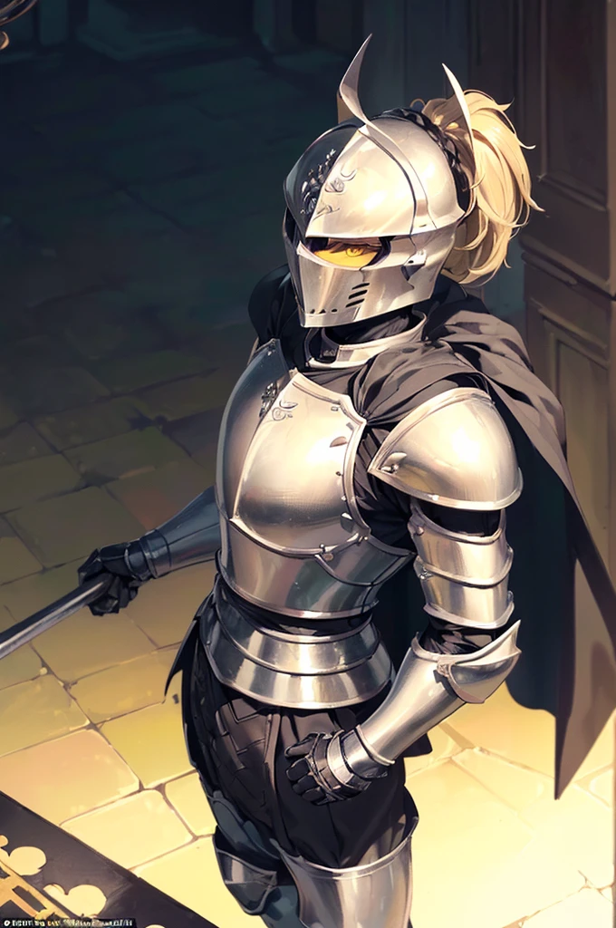 (masterpiece; best quality: 1.2), (finely detailed eyes: 1.3), ((full armored knight man)), ((solo)), (yellow eyes: 1.4), (body; muscular, lean, masculine: 1.3), (beautiful and clear background: 1.2), ((depth of field)), (equipment: all-black full plate medieval armor + closed helmet with white ponytail + long black cape: 1.3), (anime illustration: 1.2), (background composition; fantasy castle corridor + furniture: 1.1), (extremely fine and handsome: 1.1), (shot composition; standing + centered on torso + close-up: 1.5), (expression; calm, stoic: 1.2)