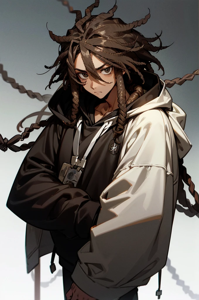 1male , Lightskinned Brown Skin , dreadlocks , Messy Hair , Black Hair , Black Eyes , Tired Eyes , Calm Expression , Black Hoodie ,
