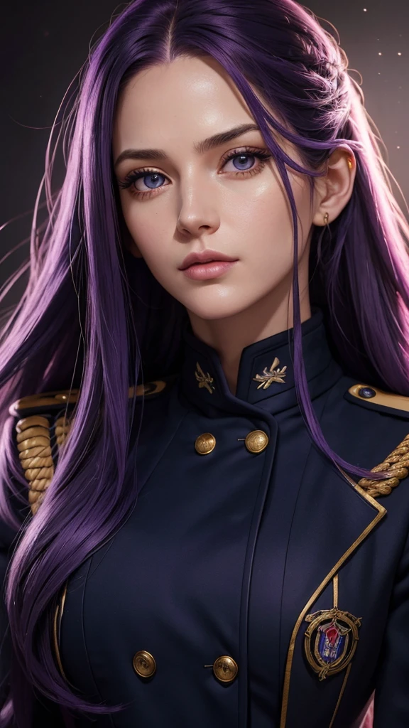 woman with long purple hair, navy admiral uniform, slim lithe body, beautiful detailed eyes, beautiful detailed lips, extremely detailed face and portrait, realistic, photorealistic, photo-realistic, HDR, UHD, studio lighting, ultra-fine painting, sharp focus, physically-based rendering, extreme detail description, professional, vivid colors, bokeh, portraiture