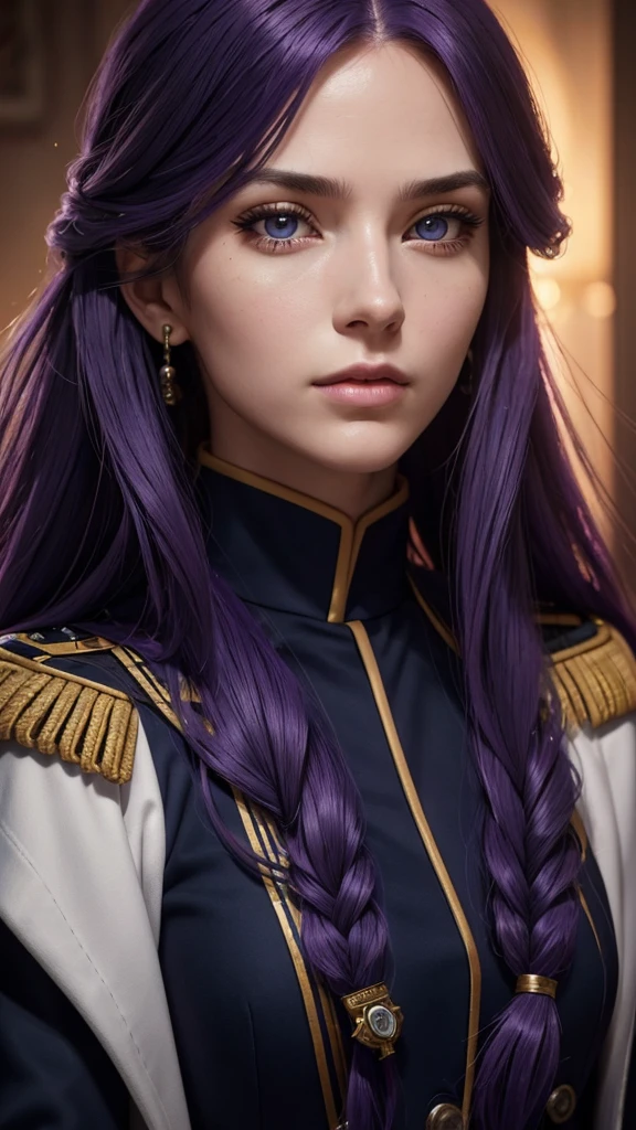 woman with long purple hair, navy admiral uniform, slim lithe body, beautiful detailed eyes, beautiful detailed lips, extremely detailed face and portrait, realistic, photorealistic, photo-realistic, HDR, UHD, studio lighting, ultra-fine painting, sharp focus, physically-based rendering, extreme detail description, professional, vivid colors, bokeh, portraiture