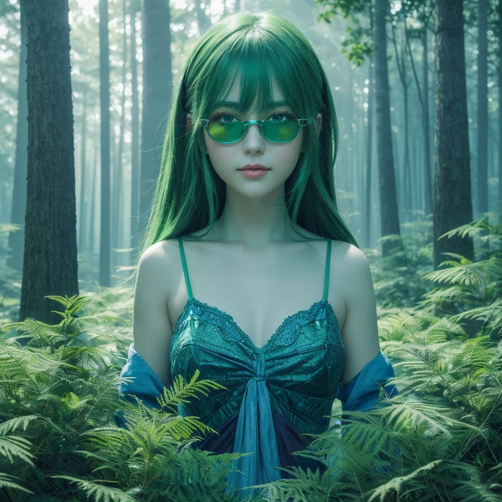 Happy girl, Centered, Looking into the camera, Approaching perfection, dynamic, (With shades of blue ((Forest Green 1.5)))), Very detailed, Digital Painting, artステーション, コンセプトart, Smooth, Sharp focus, figure, art:Carne Griffith、Vadim Kashin, Detailed face, 4K