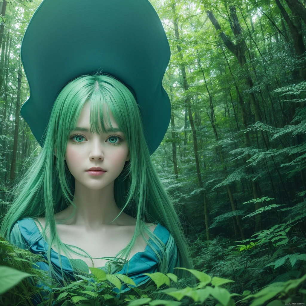 Happy girl, Centered, Looking into the camera, Approaching perfection, dynamic, (With shades of blue ((Forest Green 1.5)))), Very detailed, Digital Painting, artステーション, コンセプトart, Smooth, Sharp focus, figure, art：Carne Griffith、Vadim Kashin, Detailed face, 4K