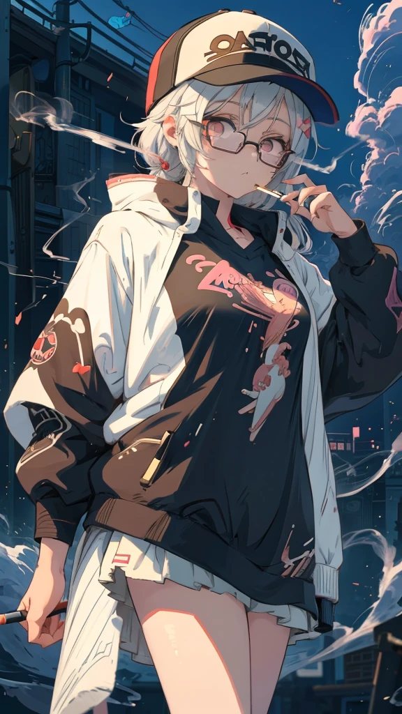 Anime Girls Wearing glasses and a baseball cap smoking a cigarette, Anime Girls, (Anime Girls), an Anime Girls, cute Anime Girls, in an Anime Style, Style Anime, young Anime Girls, As an anime character, Anime Style, portrait Anime Girls, Anime atmosphere, in Anime Style, modern Anime Style, Wearing glasses, Cute girl anime visuals