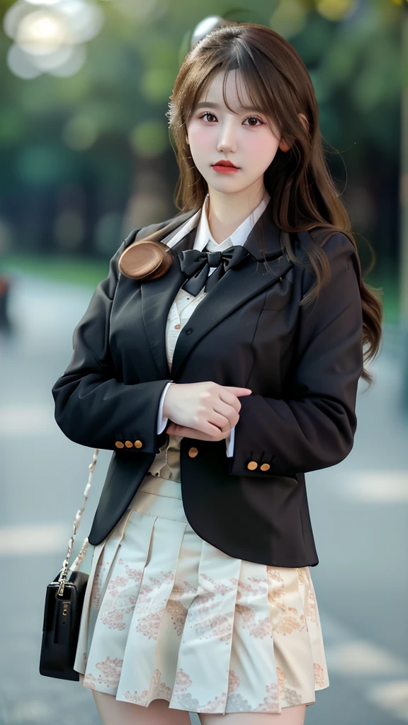 best quality, masterpiece, 1girl, Beautiful face, (photo realistic:1.3), rim lighting, (high detailed skin:1.2), 8k uhd, dslr, high quality, high resolution, 4k, 8k, Bokeh, absurdres, best ratio four finger and one thumb, (realistic:1.3), cute 1girl, wearing black formal blazer, huge breasts, short skirt,