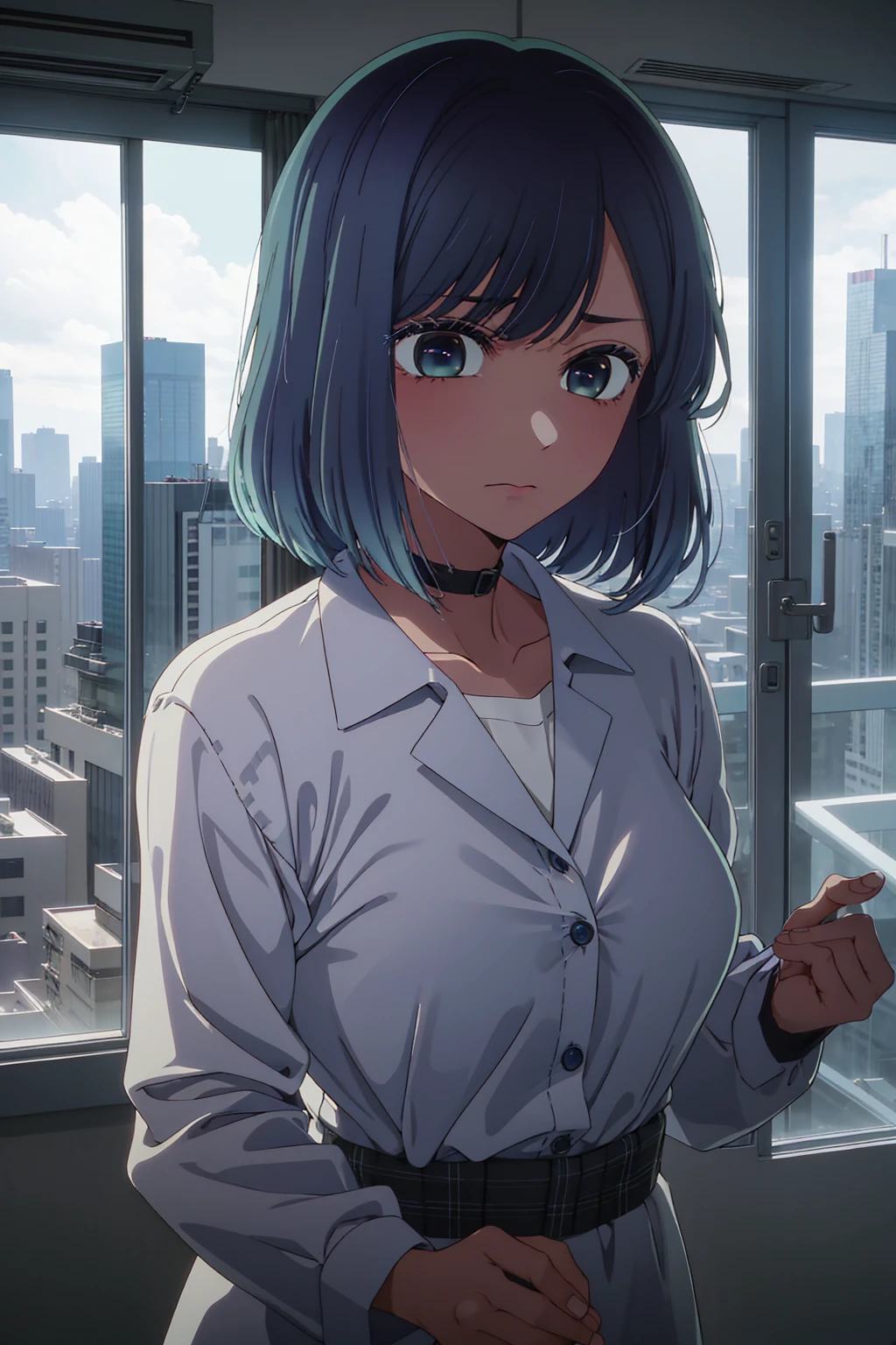 akane kurokawa,naked,rock,Blue Hair,naked,hot,sexy,beautiful,Perfect body,One Girl,big ,masterpiece,Perfect Face,Expressive Face,naked,night、Lying on a bed by the window in a high-rise building,Atmospheric lighting、Sad face