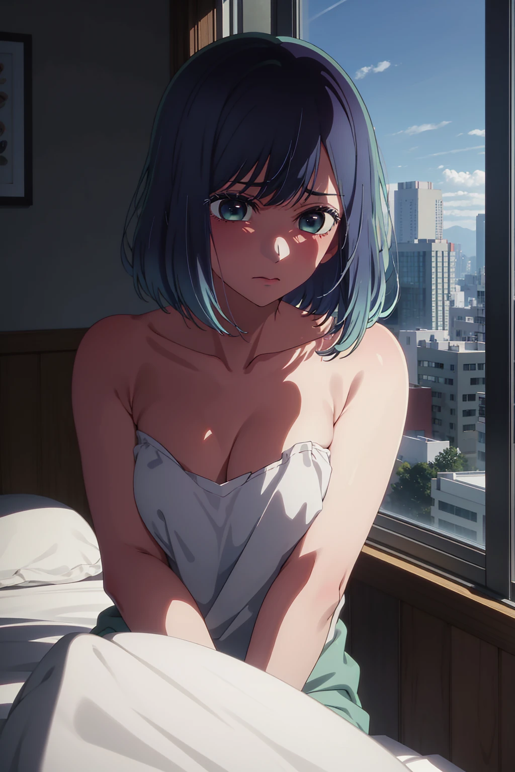 akane kurokawa,naked,rock,Blue Hair,naked,hot,sexy,beautiful,Perfect body,One Girl,big ,masterpiece,Perfect Face,Expressive Face,naked,night、Lying on a bed by the window in a high-rise building,Atmospheric lighting、Sad face