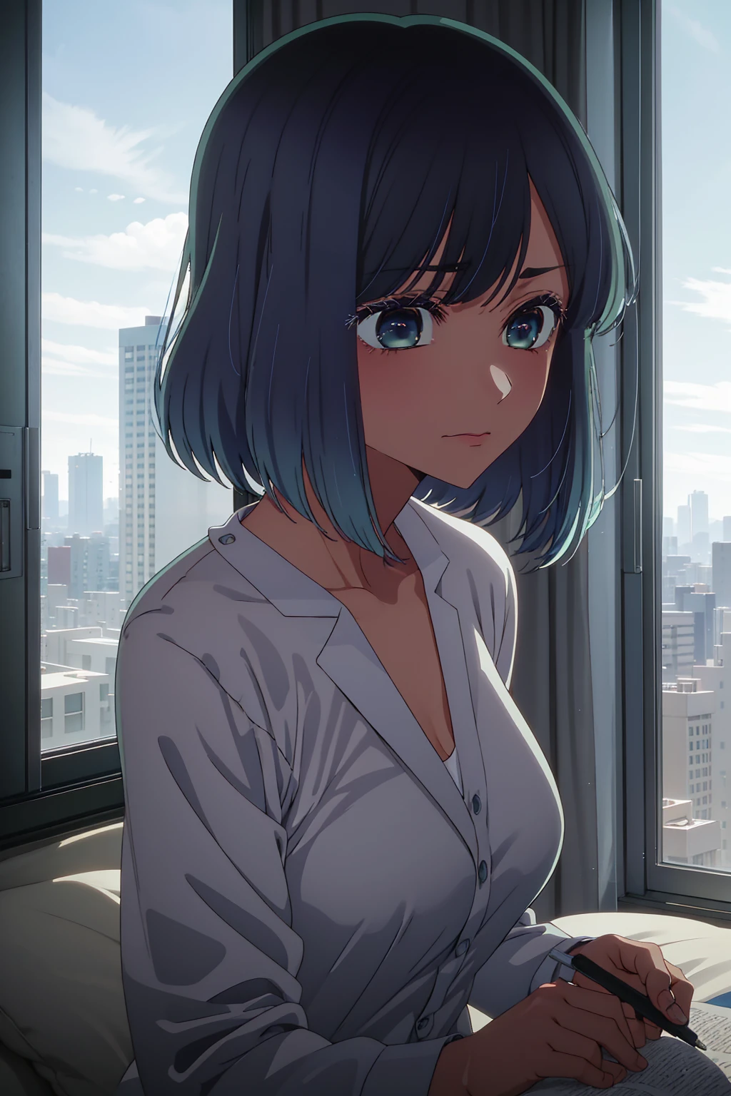 akane kurokawa,naked,rock,Blue Hair,naked,hot,sexy,beautiful,Perfect body,One Girl,big ,masterpiece,Perfect Face,Expressive Face,naked,night、Lying on a bed by the window in a high-rise building,Atmospheric lighting、Sad face