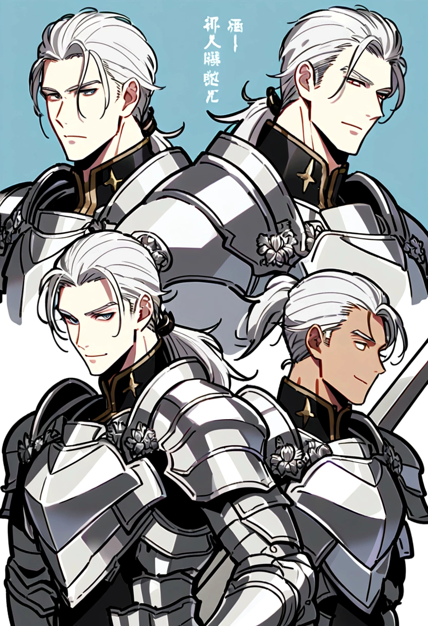 a character sheet of a Tall, muscular human male paladin with silver hair in a ponytail, wears in silver heavy armor with long sword and sheild, but with four different and distinct facial expressions of the same character: like joy or shy, in style of holy and bright