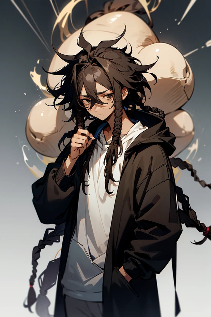 1male , Lightskinned Brown Skin , dreadlocks , Messy Hair , Black Hair , Black Eyes , Tired Eyes , Calm Expression , Black Hoodie ,
