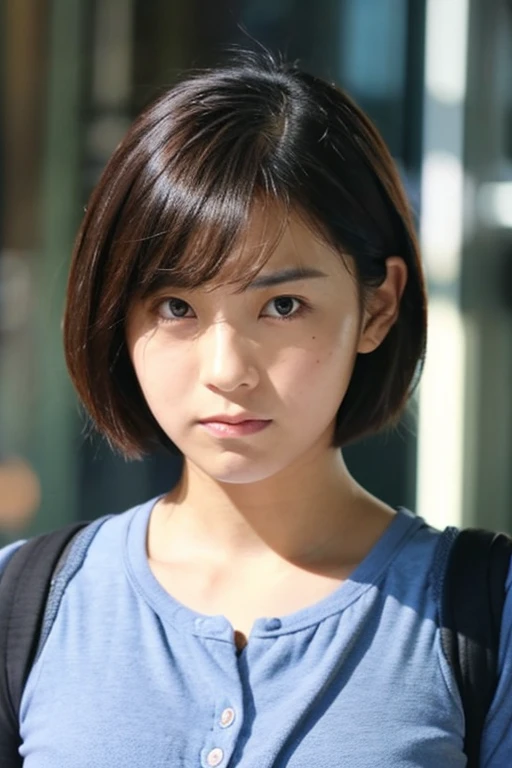 from front, short hair, closed mouth, round face, glaring,