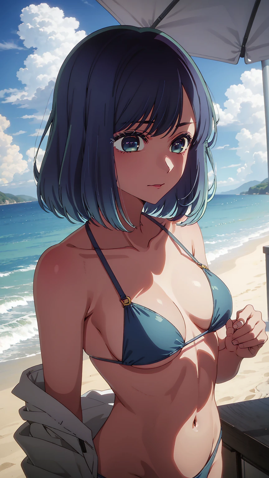 akane kurokawa,naked,Blue Hair,sexy,beautiful,Perfect body,One girl,Moderate ,masterpiece,Perfect Face,Expressive Face,naked,bikini、Beach,Moderate