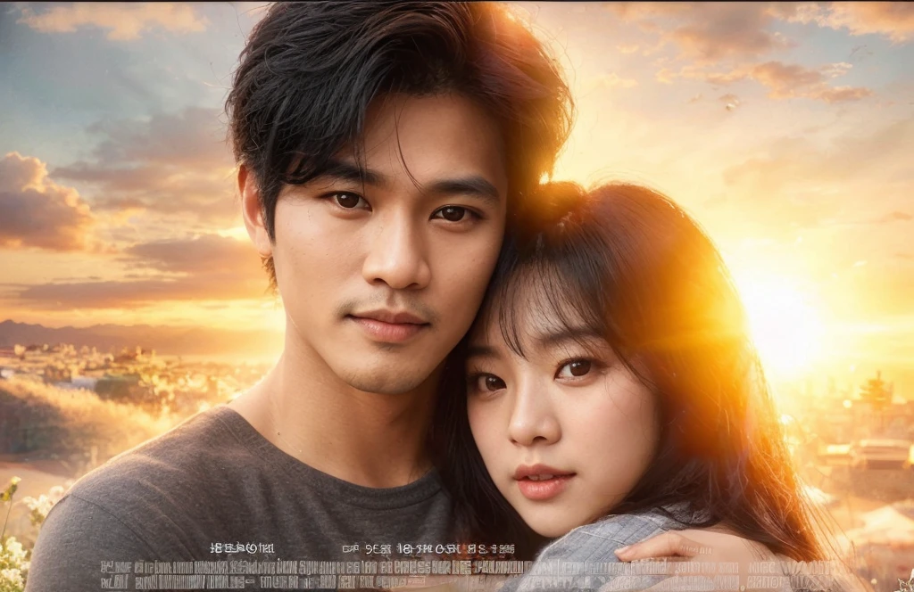 Full screen realistic movie poster with a love story theme : a handsome Indonesian man with black hair is hugging a beautiful woman with a Korean face (his girlfriend). face looking in front of the camera. on the screen there is writing("LOVE FOREVER") and there are several other writings like film posters. The background on the poster screen is a beautiful garden view, the picture is very clear,Real,realistic 16k