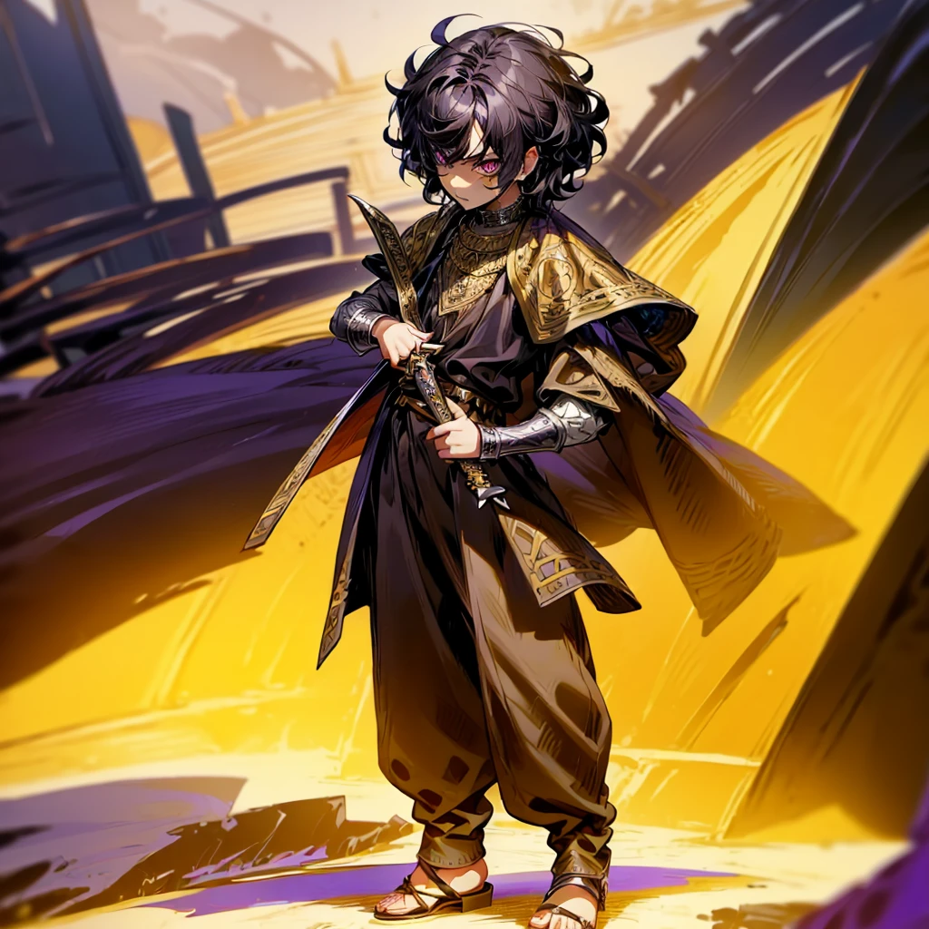 1little boy, Full body version, 1character, purple eyes, black skin, short Curly hair, round eyes type, black colour hair, Renaissance clothing, yellow color clothing, Renaissance sandals, two dagger knife silver in hand, wood armor vest, Grassroots background in mountains