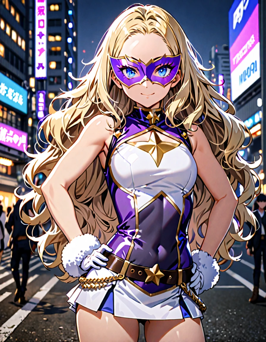 One girl, Medium chest, (((Upper Body))),(((leotard, 白色と青色のleotard, No sleeve, White mini skirt))),(((白色と青色のleotard))), ((Tight belt, Gold Belt)), ((boots, matching boots, ankle boots, white boots)), ((gloves, white gloves)), Urban Background, tokyo Urban Background, alone, single, Hands on hips, Are standing, (((Upper Bodyショット))), Cowboy Shot, Superhero, ((Beautiful attention to detail)), (Gold star symbol on chest), (((Purple eye mask))),(((blue eyes))),(((Blonde Hair, Medium length fluffy hair, blue eyes))),(((Show your amount))),(((The forehead is visible))),(((Center-parted bangs))),(((Hanging bangs))),(smile), (Perfect Anatomy), masterpiece, (((Highest quality))),