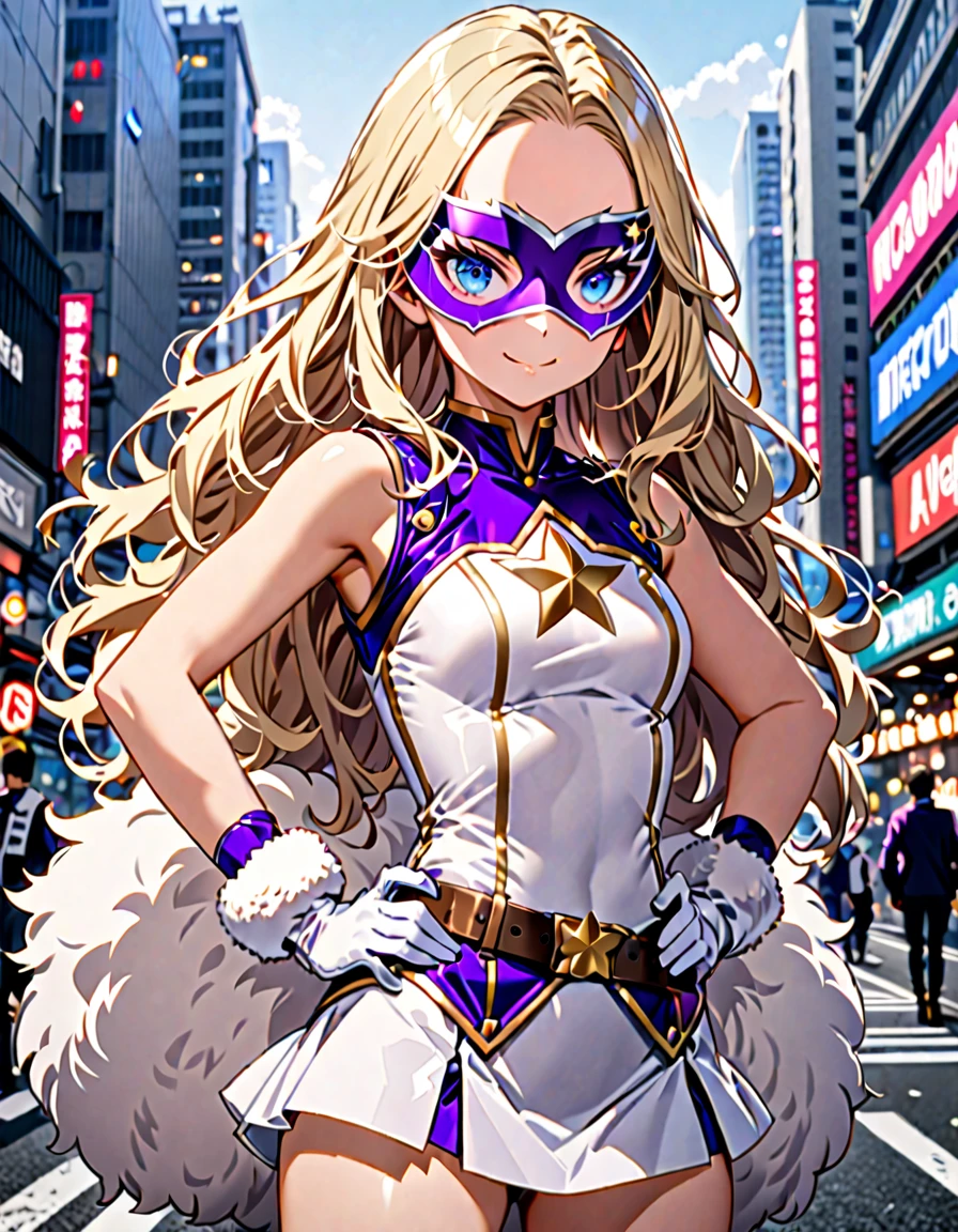 One girl, Medium chest, (((Upper Body))),(((leotard, 白色と青色のleotard, No sleeve, White mini skirt))),(((白色と青色のleotard))), ((Tight belt, Gold Belt)), ((boots, matching boots, ankle boots, white boots)), ((gloves, white gloves)), Urban Background, tokyo Urban Background, alone, single, Hands on hips, Are standing, (((Upper Bodyショット))), Cowboy Shot, Superhero, ((Beautiful attention to detail)), (Gold star symbol on chest), (((Purple eye mask))),(((blue eyes))),(((Blonde Hair, Medium length fluffy hair, blue eyes))),(((Show your amount))),(((The forehead is visible))),(((Center-parted bangs))),(((Hanging bangs))),(smile), (Perfect Anatomy), masterpiece, (((Highest quality))),