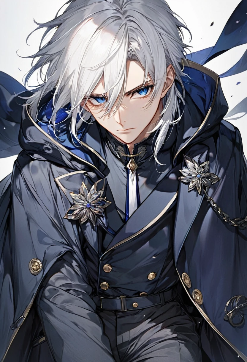 Anime, male, white hair, dark blue coat, dark grey pants, serious, highest quality, good quality face, best quality eyes