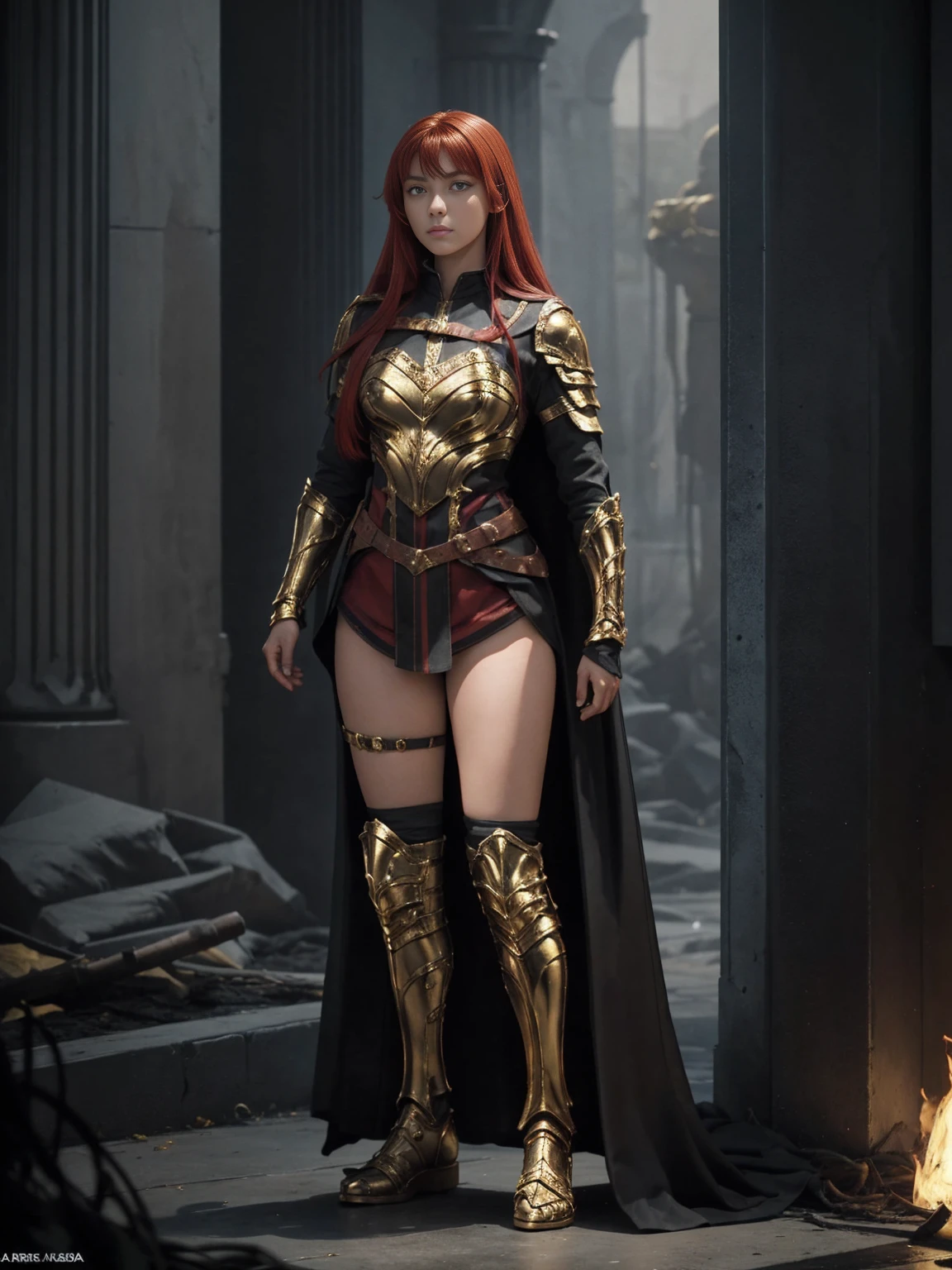 ((Full body photo,standing, feet on the ground)) Yara_flor DC, A red-haired warrior girl with yellow eyes wearing black and gold Yara Flor armor