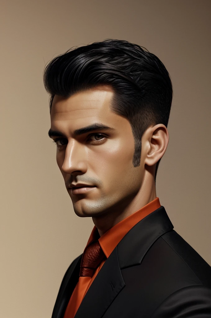 Portrait of handsome man, orange eyes, black hair, undercut, wearing red dress shirt and slacks, penthouse background, digital painting