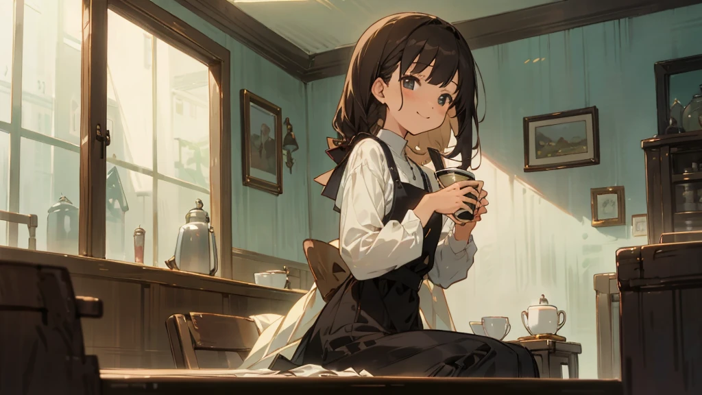 Stylish cafe、Anime Style、Freshly Brewed Coffee、Delicious looking baked goods、Relaxed atmosphere、Cozy atmosphere、Beautiful girl with dark hair sitting and drinking coffee、Wearing a dress、smile、Warm Light、avert your eyes、Ghibli style