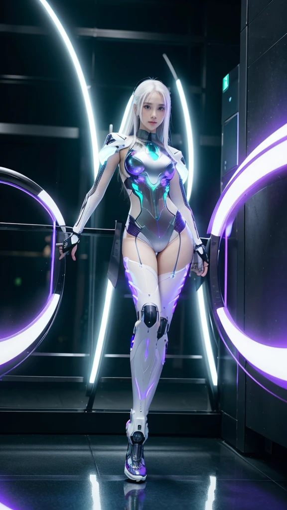 1girl, ultra realistic, ultra crisp, NVIDIA RTX, unreal engine, perfect slim body, realistic face, perfect face, realistic body, epic skin details, white hair, hair blown with strong winds, hyper rendering, ultra details, glowing eyes, purple eyes, blush, parted lips, cybernetic ear, cybernetic metalic hands, cybernetic metalic legs, luminous cybernetic futuristic metalic mechanical body, ultra realistic lights reflection details, ((full body shown)), from below, posing in the middle.