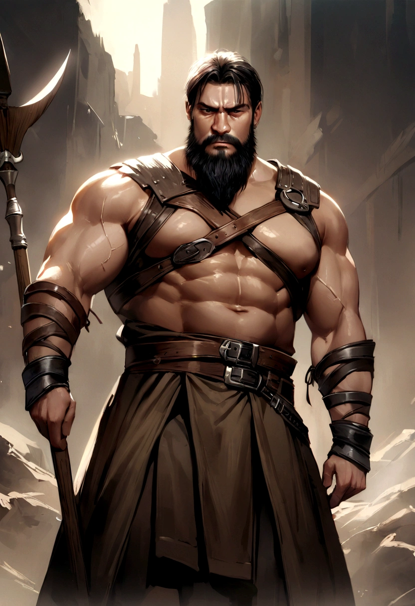 master part, high qualiy, best quality, Beautiful, hard disk, Realistic, perfect lighting, face detailed, body detailed, 1 men, standing alone, blackquality hair, greeneyes, long black beard, Gladiator style in shabby brown leather clothes: 1.4), leather breastplate, 1 wooden spear in hand, Background to the war, gladiator style, big muscular man, chunky, annoyed look,